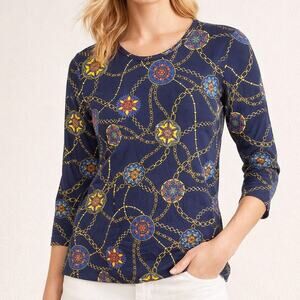 NEW J. McLaughlin Navy Nautical Scroll Print Top Medium Soft Stretch